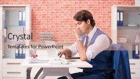  Presentation with employee - Beautiful PPT theme featuring internet search leadership - young handsome employee working backdrop and a  colored foreground