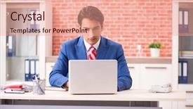  Presentation with employee - Presentation theme consisting of internet search leadership - young handsome employee working background and a coral colored foreground