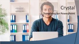  Presentation with employee motviation - Slide deck enhanced with internet search leadership - young handsome male employee sitting background and a  colored foreground