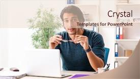  Presentation with employee - Amazing theme having internet search leadership - young handsome male employee sitting backdrop and a  colored foreground