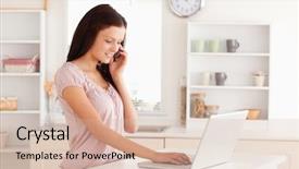  Presentation with social isolation - Cool new theme with internet service - woman is typing on laptop backdrop and a  colored foreground