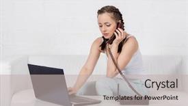  Presentation with young sing woman singing young - Beautiful presentation theme featuring internet service - young beautiful woman with telephone backdrop and a  colored foreground