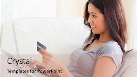  Presentation with young sing woman singing young - PPT layouts consisting of internet shopping - charming woman sitting on sofa background and a  colored foreground