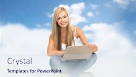  Presentation with cloud technology - PPT theme with internet technology cloud computing and people concept - smiling young woman sitting with laptop computer over blue sky and clouds background background and a sky blue colored foreground