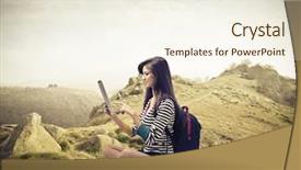  Presentation with cheerful stylish city girl using - Presentation theme having internet teen - brown girl using a tablet background and a cream colored foreground