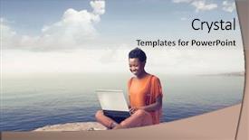  Presentation with laptop computers around the world backgroun - Slide deck having internet teen - smiling african woman using background and a light blue colored foreground