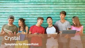  Presentation with old people play - Cool new slides with internet teen - young people with gadgets backdrop and a coral colored foreground