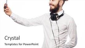  Presentation with tehnology - Theme consisting of internet tehnology and people concept a young man with a beard in shirt holding mobile phone and making photo of himself while standing against white background background and a white colored foreground