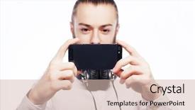  Presentation with tehnology - Presentation theme consisting of internet tehnology and people concept a young man with a beard in shirt holding mobile phone and making photo of himself while standing against white background background and a lemonade colored foreground