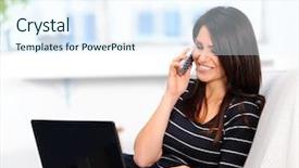  Presentation with online banking - Colorful PPT theme enhanced with internet telephone - beautiful brunette chatting backdrop and a sky blue colored foreground