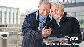  Presentation with smartphone app - Amazing slide set having internet telephone - happy senior couple with map backdrop and a tawny brown colored foreground