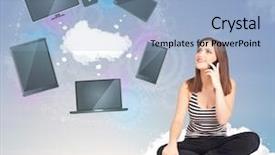  Presentation with customer service face of pretty - Slide deck enhanced with internet telephone - pretty young girl sitting background and a light blue colored foreground