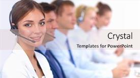  Presentation with call center - Colorful presentation enhanced with internet telephony - attractive positive young businesspeople backdrop and a lemonade colored foreground