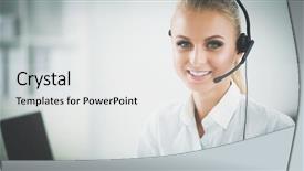  Presentation with desk - Cool new PPT theme with internet telephony - portrait of beautiful businesswoman working backdrop and a white colored foreground
