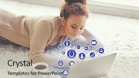  Presentation with online shopping store - PPT theme featuring internetproduct - african-american woman using laptop background and a mint green colored foreground