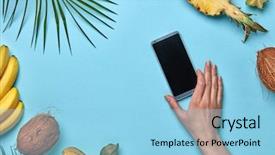  Presentation with hand palm - Theme with internetproduct - set of different exotic fruits background and a light blue colored foreground