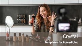  Presentation with smiling little girl - Amazing PPT theme having internetproduct - smiling young girl recording her backdrop and a gray colored foreground