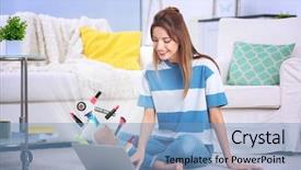  Presentation with online shopping store - Slides having internetproduct - young woman using laptop background and a teal colored foreground