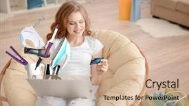  Presentation with online shopping store - Theme enhanced with internetproduct - young woman using laptop background and a coral colored foreground