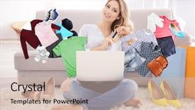  Presentation with online shopping store - Slide deck consisting of internetproduct - young woman using laptop background and a soft green colored foreground