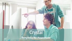  Presentation with computer - PPT theme featuring interns internships - businessman showing something to colleagues background and a seafoam green colored foreground