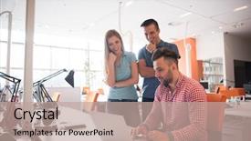  Presentation with young business people - Colorful slide deck enhanced with internship - group of young people employee backdrop and a coral colored foreground