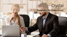  Presentation with internship - Audience pleasing PPT theme consisting of internship - male receptionist with trainee backdrop and a soft green colored foreground