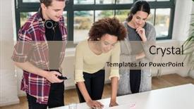  Presentation with three - PPT theme with internship - three young colleagues laughing while background and a coral colored foreground