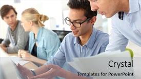  Presentation with internship - Slide deck having internship - young man in business training background and a light blue colored foreground