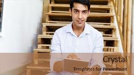  Presentation with business man climbs up to the top of 3d success stairs steps - Audience pleasing theme consisting of internship school - portrait of young man sitting backdrop and a coral colored foreground