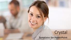  Presentation with business training - Audience pleasing PPT theme consisting of internship school - young woman attending business training backdrop and a coral colored foreground