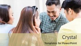  Presentation with employees - Audience pleasing presentation consisting of interpersonal communication - four young employees sharing opinions backdrop and a blonde colored foreground