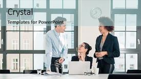  Presentation with interpersonal communication - Audience pleasing theme consisting of interpersonal communication - three young colleagues talking backdrop and a light blue colored foreground