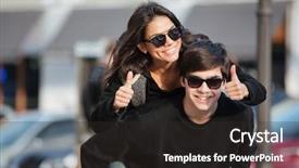  Presentation with sad woman walking - Presentation theme featuring interpersonal relationship - image of young happy woman background and a  colored foreground