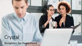  Presentation with interpersonal - Slide deck featuring interpersonal relationship - two young cheerful female employees background and a lemonade colored foreground