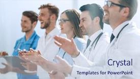  Presentation with team meeting - Beautiful presentation featuring interpersonal skills - medical team applauding in meeting backdrop and a sky blue colored foreground
