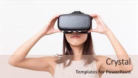  Presentation with storage device - Audience pleasing PPT layouts consisting of interplay - woman looking though vr device backdrop and a coral colored foreground