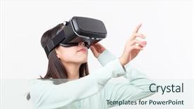  Presentation with finger - Colorful slide deck enhanced with interplay - woman using vr device backdrop and a sky blue colored foreground