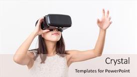  Presentation with man watching woman preparing vegetables - Colorful PPT theme enhanced with interplay - woman watching though vr device backdrop and a  colored foreground