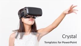  Presentation with virtual reality shooter - PPT theme having interplay - young woman looking via virtual background and a white colored foreground