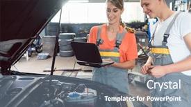  Presentation with female mechanic - Slide set having interpretation - experienced female auto mechanic checking background and a gray colored foreground