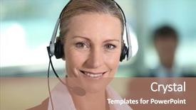  Presentation with happy smiling woman dental health - PPT theme consisting of interpretation - woman smiling with headset background and a coral colored foreground