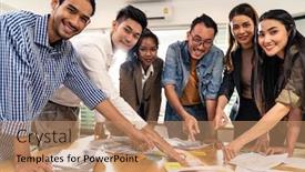  Presentation with reopen - Presentation design with interracial-asian-business-team-brainstorming background and a coral colored foreground