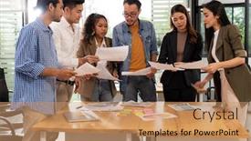  Presentation with reopen - Slide deck featuring interracial-asian-business-team-brainstorming background and a coral colored foreground