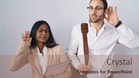  Presentation with hearing - Presentation theme with interracial-business-couple-wearing-glasses background and a coral colored foreground