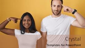  Presentation with thought - Presentation design consisting of interracial-couple-standing-over-yellow background and a coral colored foreground