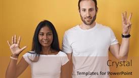  Presentation with eight - PPT layouts consisting of interracial-couple-standing-over-yellow background and a coral colored foreground