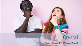  Presentation with clothes - Amazing PPT theme having interracial-couple-wearing-casual-clothes backdrop and a light blue colored foreground