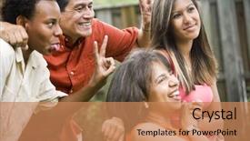  Presentation with photograph - Beautiful presentation theme featuring interracial family making silly gestures posing for photograph backdrop and a coral colored foreground