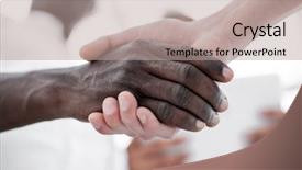 Presentation with international trade payment - Colorful slides enhanced with interracial meeting - close up handshake of international backdrop and a coral colored foreground